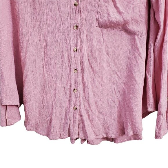 Free People Top XS Magic Breeze Oversized Striped Pink Button Up Shirt Collared - Picture 4 of 11